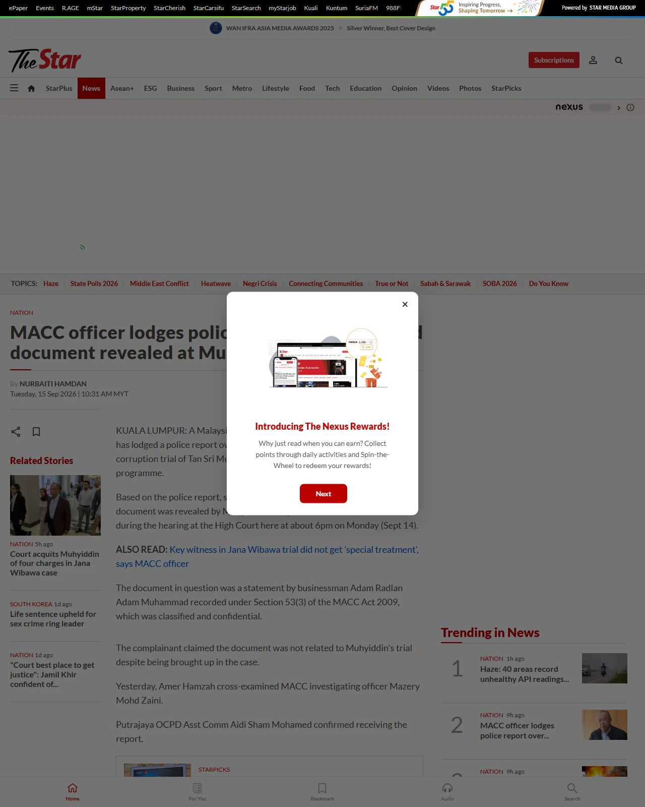 thestar.com.my as published: MACC officer lodges police report over classified document revealed at Muhyiddin's graft trial