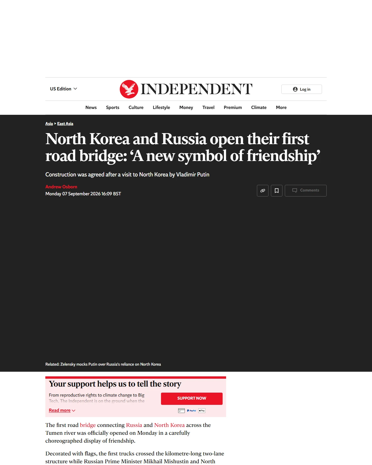 independent.co.uk as published: Russia and North Korea open the first road link across shared border