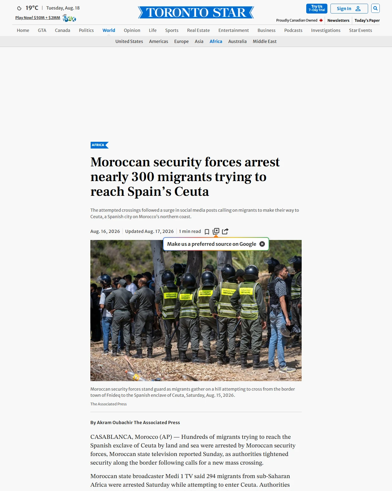 thestar.com as published: Moroccan security forces arrest nearly 300 migrants trying to reach Spain’s Ceuta