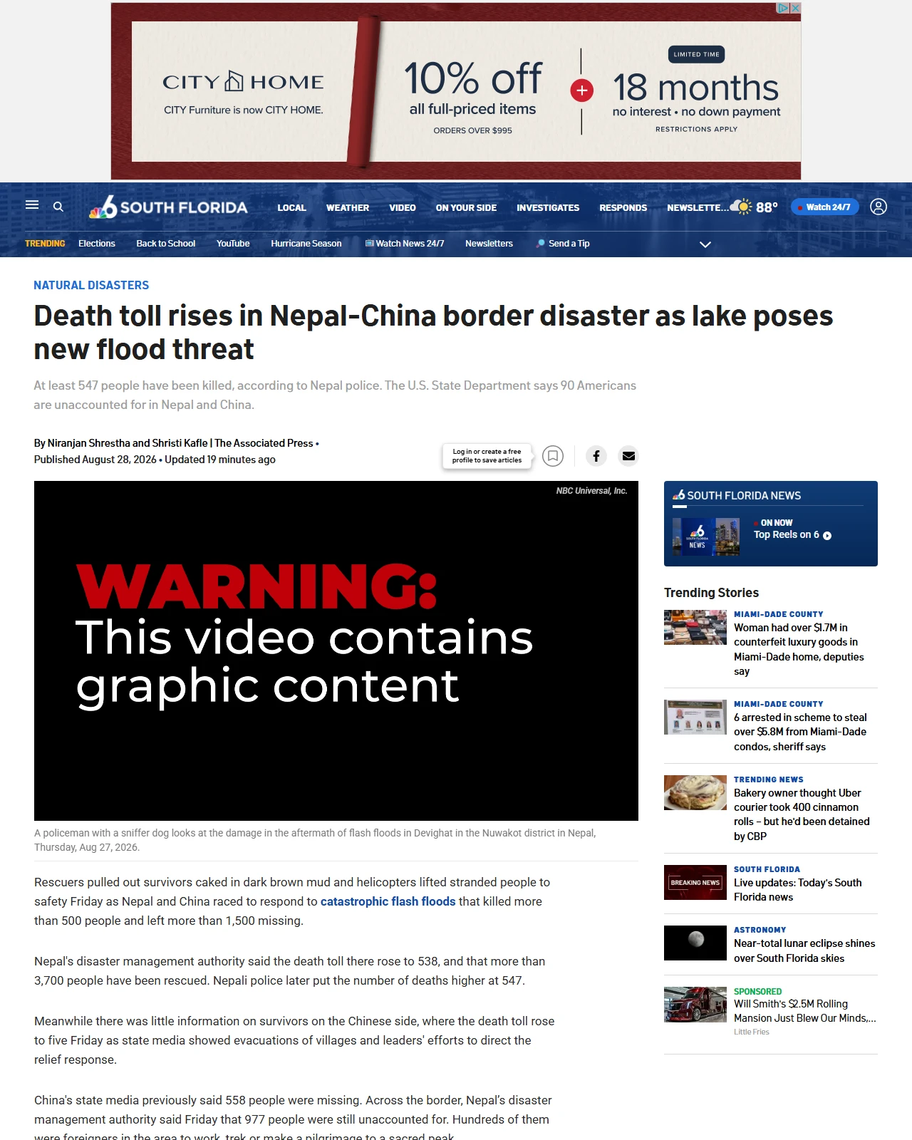 nbcmiami.com as published: Death toll rises in Nepal-China border disaster as lake poses new flood threat