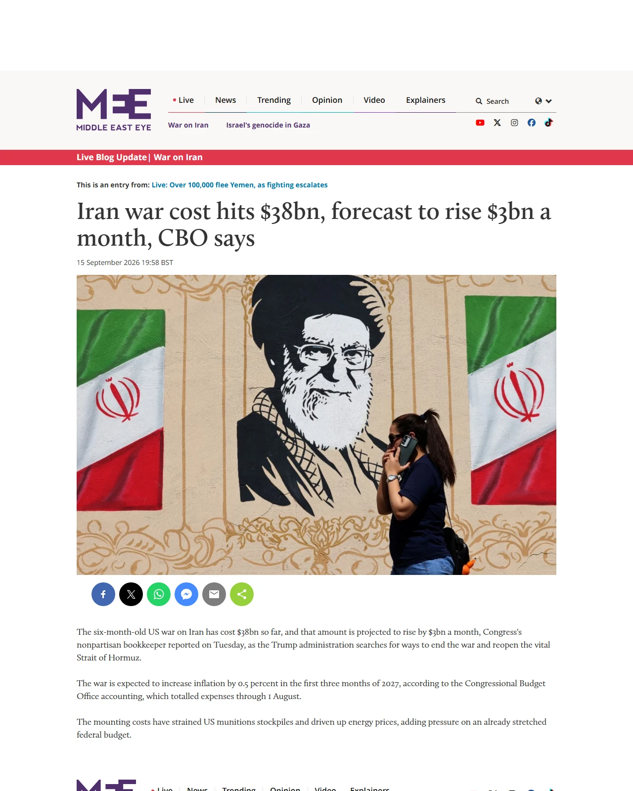 middleeasteye.net as published: Iran war cost hits $38bn, forecast to rise $3bn a month, CBO says