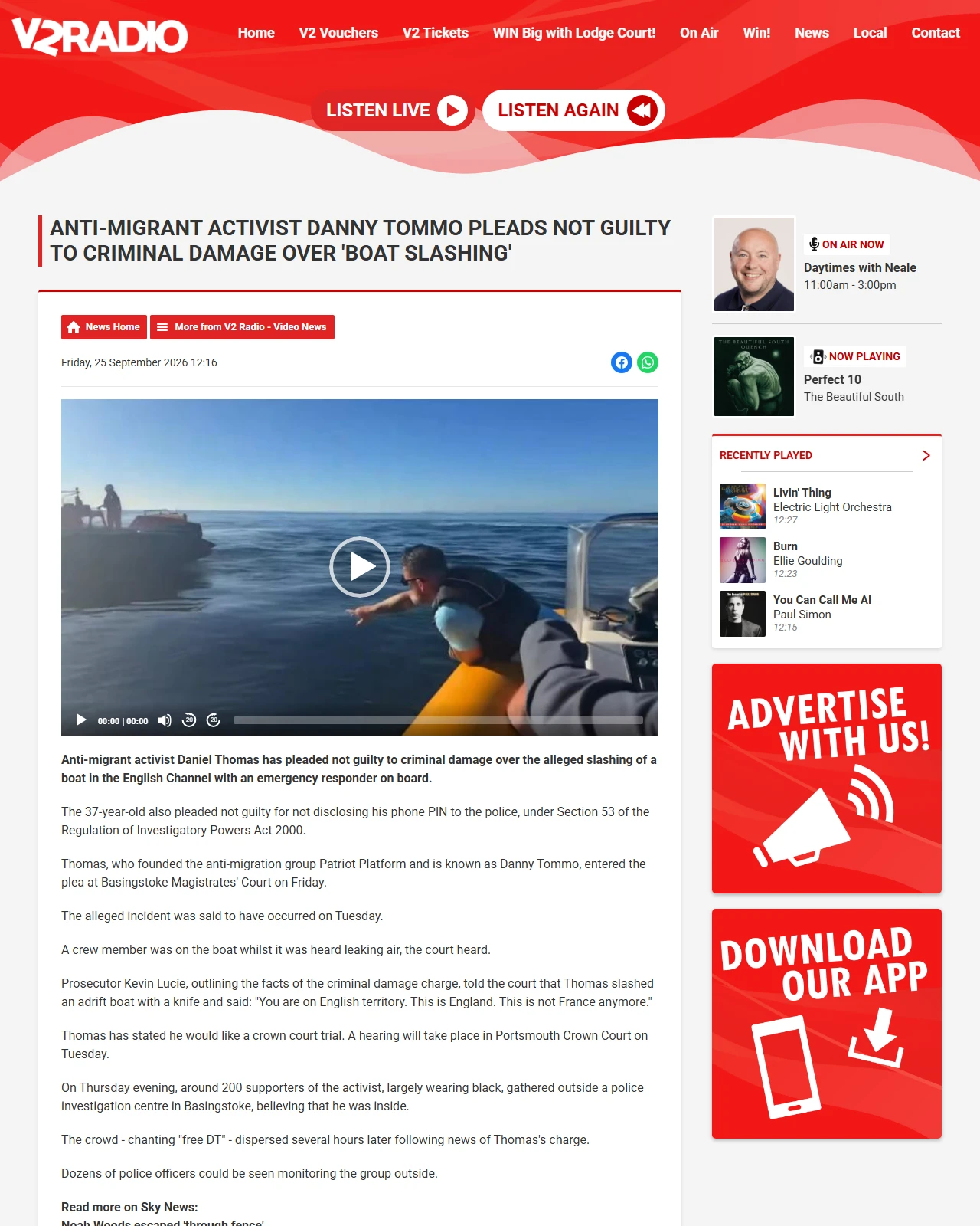 v2radio.co.uk as published: Anti-migrant activist Danny Tommo pleads not guilty to criminal damage over 'boat slashing'