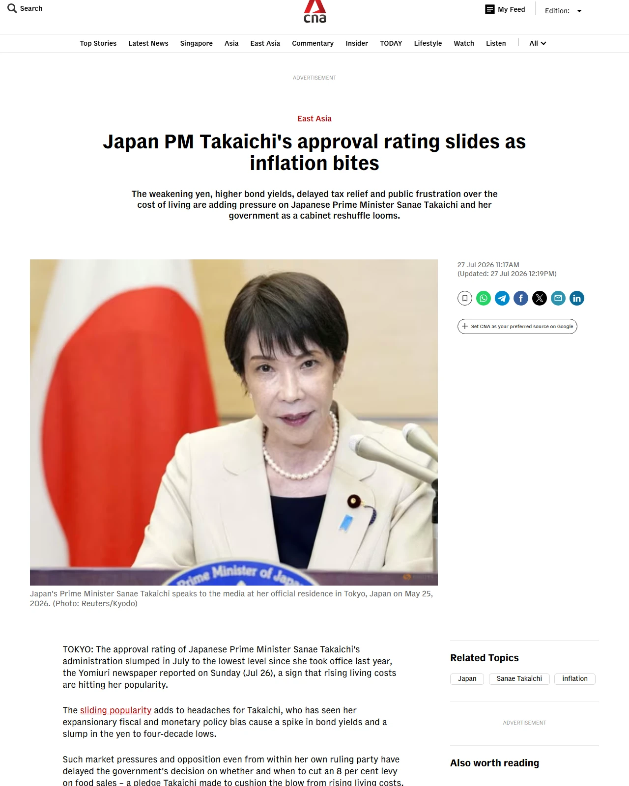 channelnewsasia.com as published: Japan PM Takaichi's approval rating slides as inflation bites