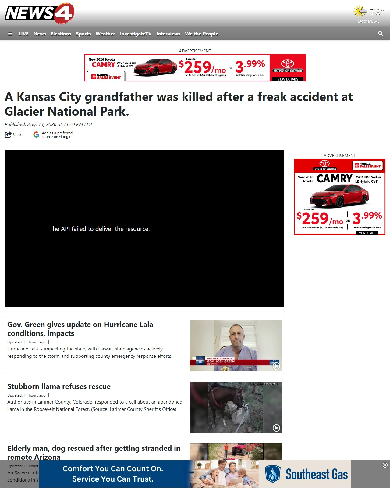 wtvy.com as published: A Kansas City grandfather was killed after a freak accident at Glacier National Park.