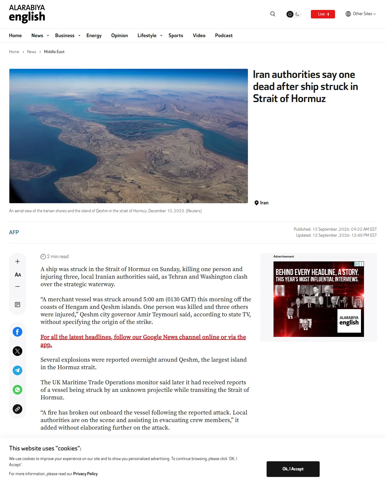 english.alarabiya.net as published: Iran authorities say one dead after ship struck in Strait of Hormuz