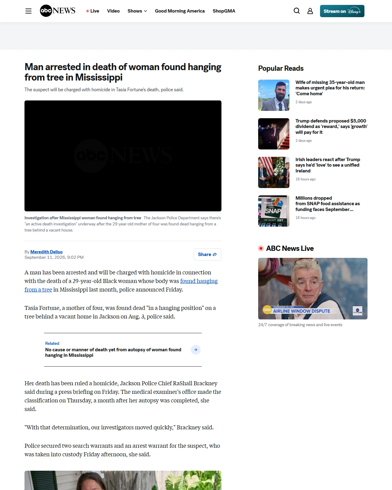 abcnews.com as published: Man arrested in death of woman found hanging from tree in Mississippi - ABC News