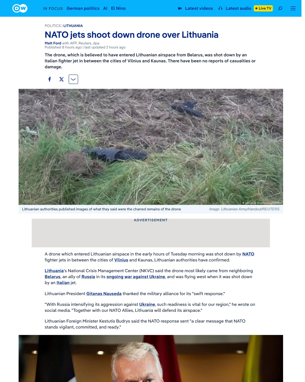 dw.com as published: NATO jets shoot down drone over Lithuania