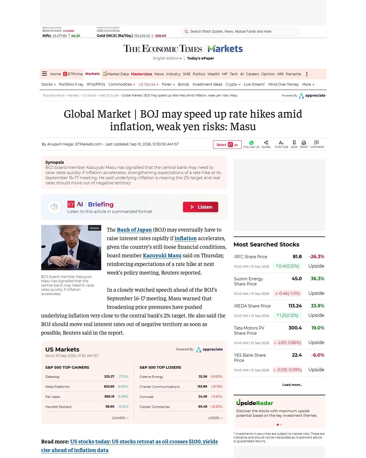 economictimes.com as published: Global Market | BOJ may speed up rate hikes amid inflation, weak yen risks: Masu