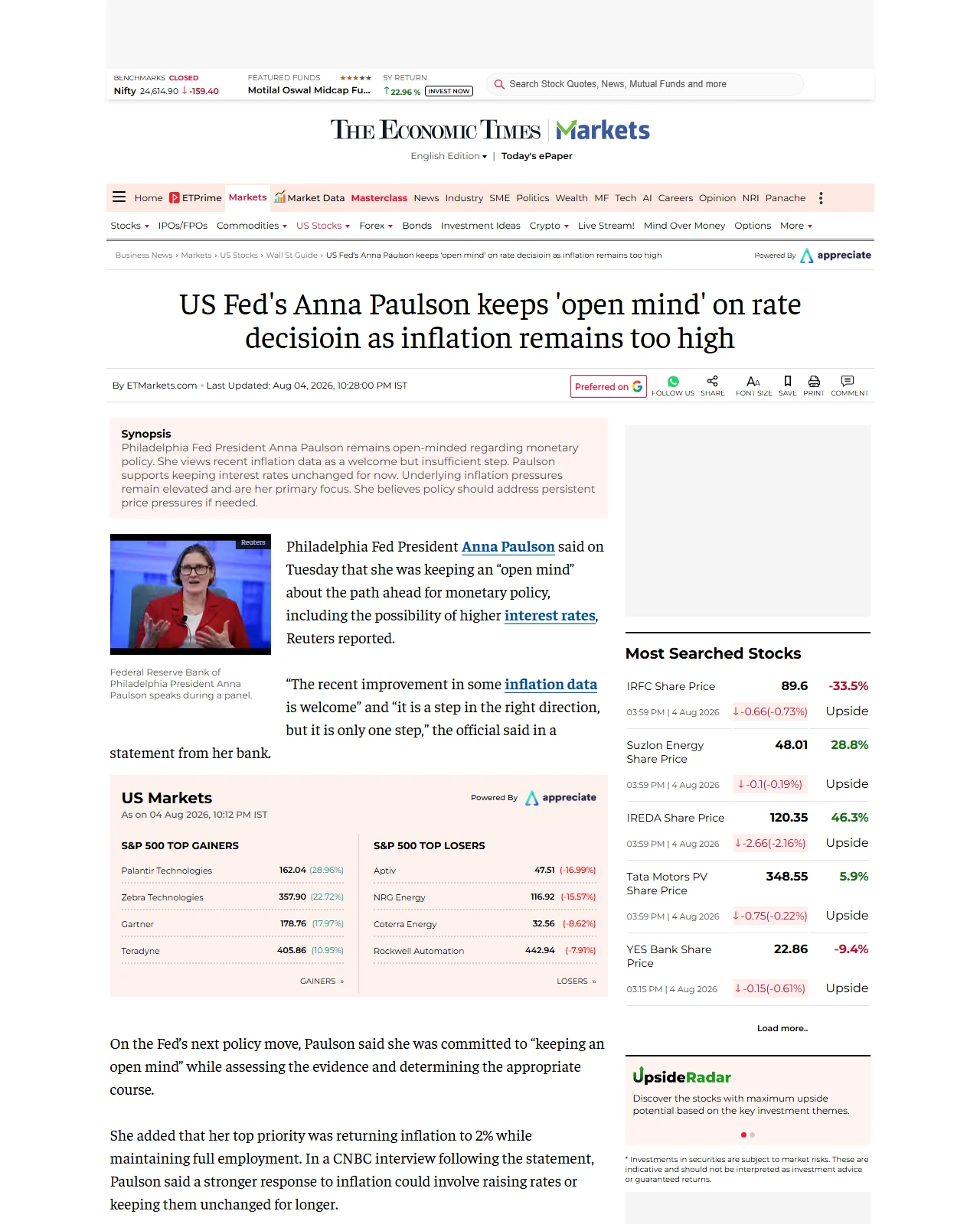 economictimes.com as published: US Fed's Anna Paulson keeps 'open mind' on rate decisioin as inflation remains too high