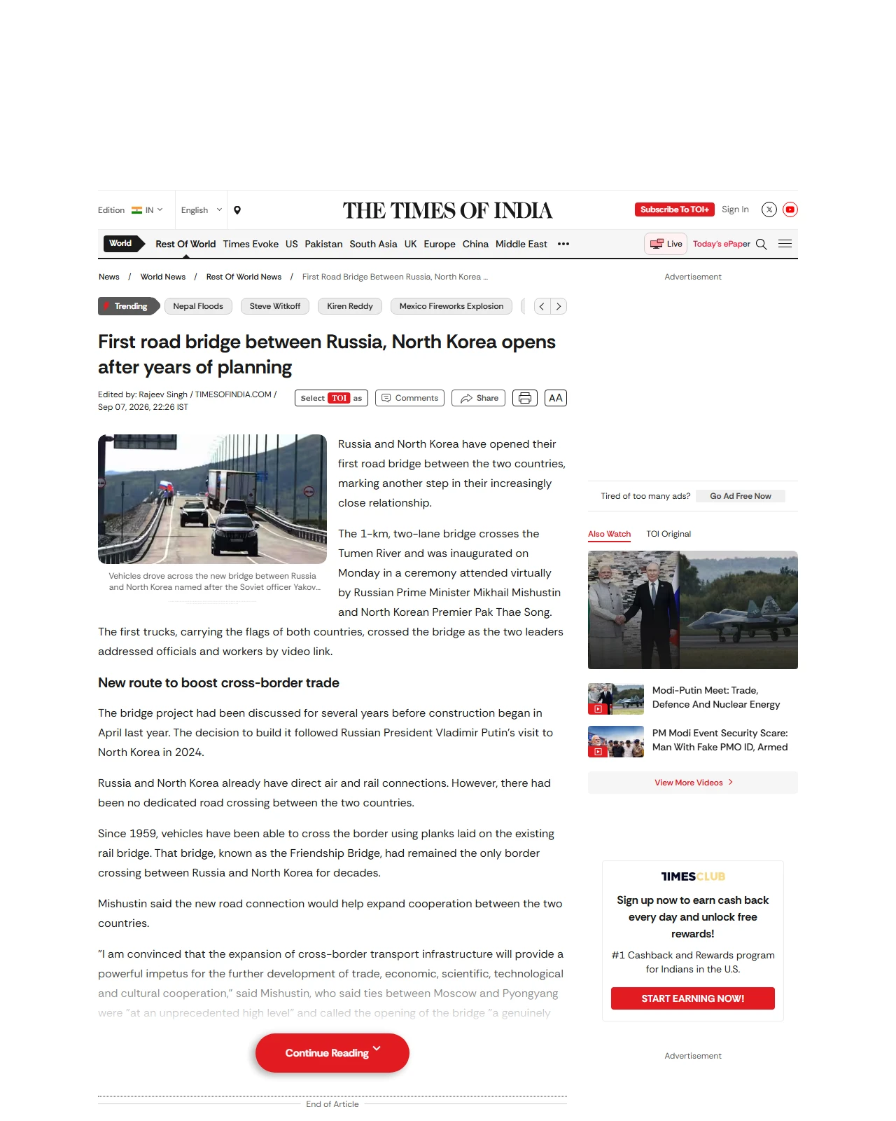 timesofindia.indiatimes.com as published: First road bridge between Russia, North Korea opens after years of planning
