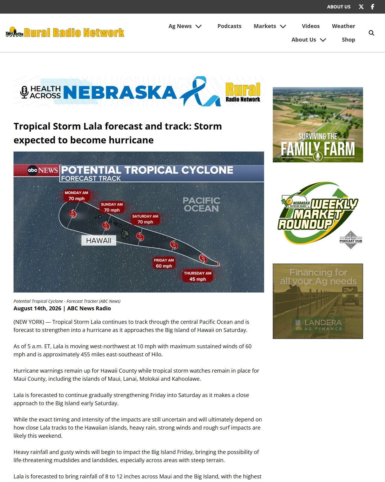 ruralradio.com as published: Tropical Storm Lala forecast to impact Hawaiian Islands this weekend