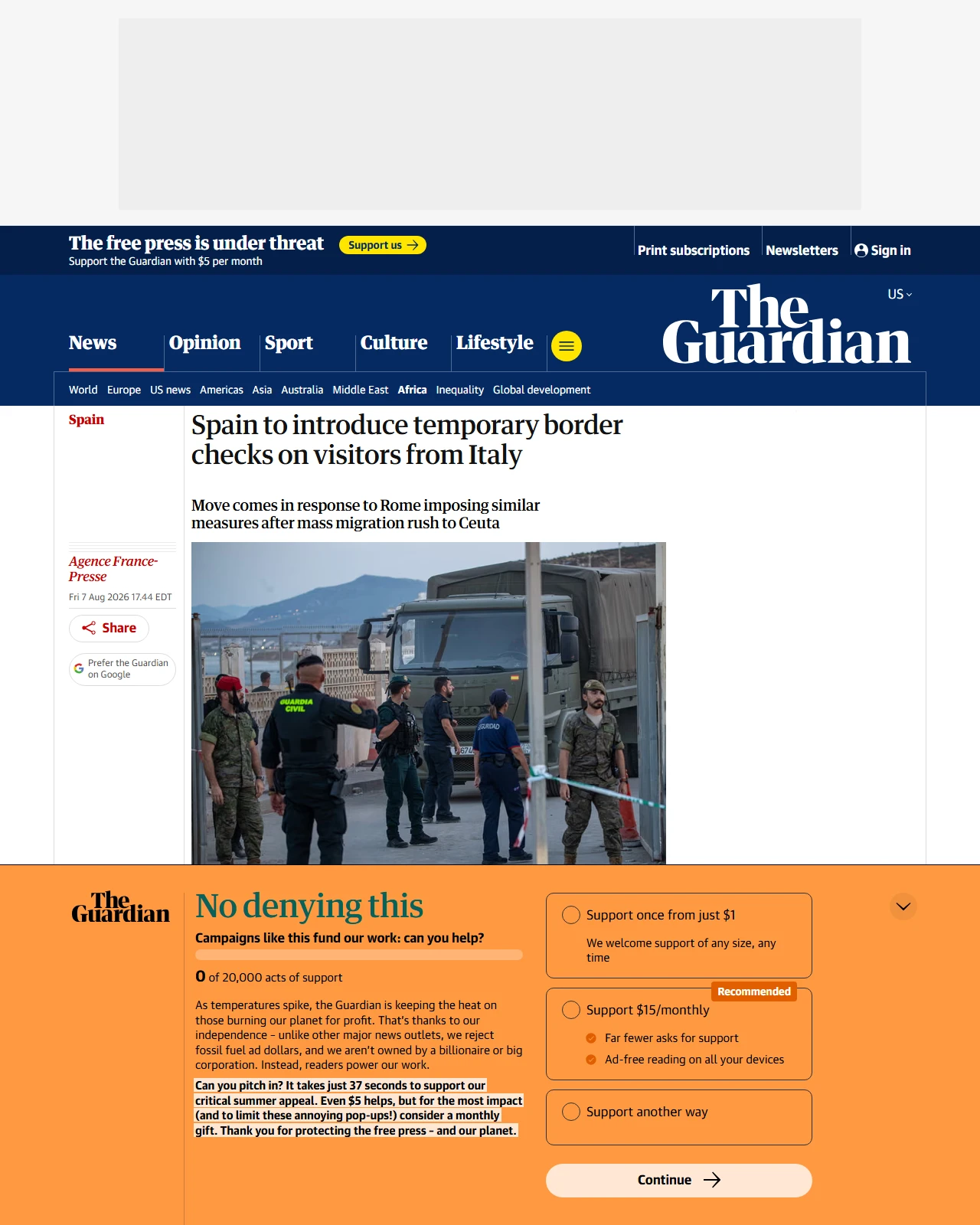 theguardian.com as published: Spain to introduce temporary border checks on visitors from Italy