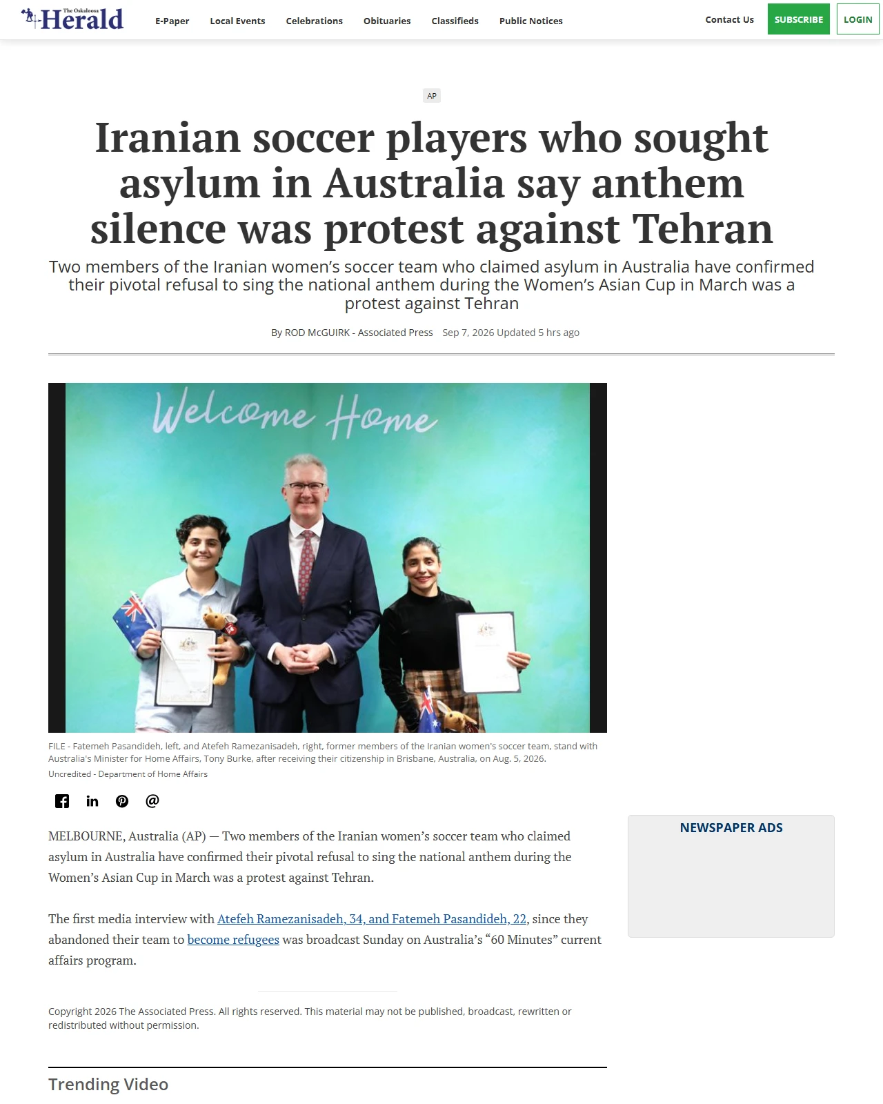 oskaloosa.com as published: Iranian soccer players who sought asylum in Australia say anthem silence was protest against Tehran