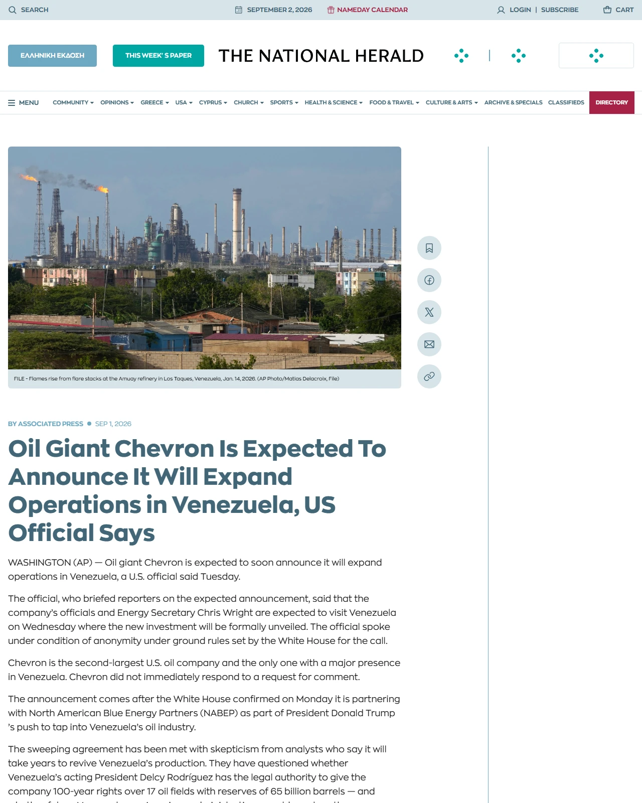 thenationalherald.com as published: Oil Giant Chevron Is Expected To Announce It Will Expand Operations in Venezuela, US Official Says