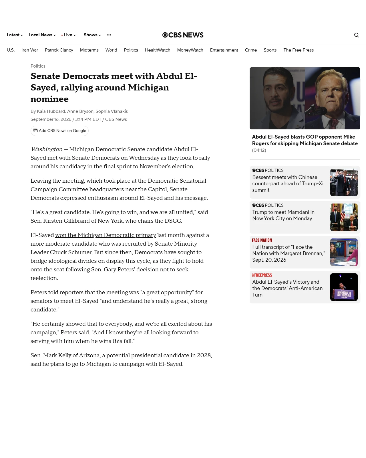 cbsnews.com as published: Senate Democrats meet with Abdul El-Sayed, rallying around Michigan nominee