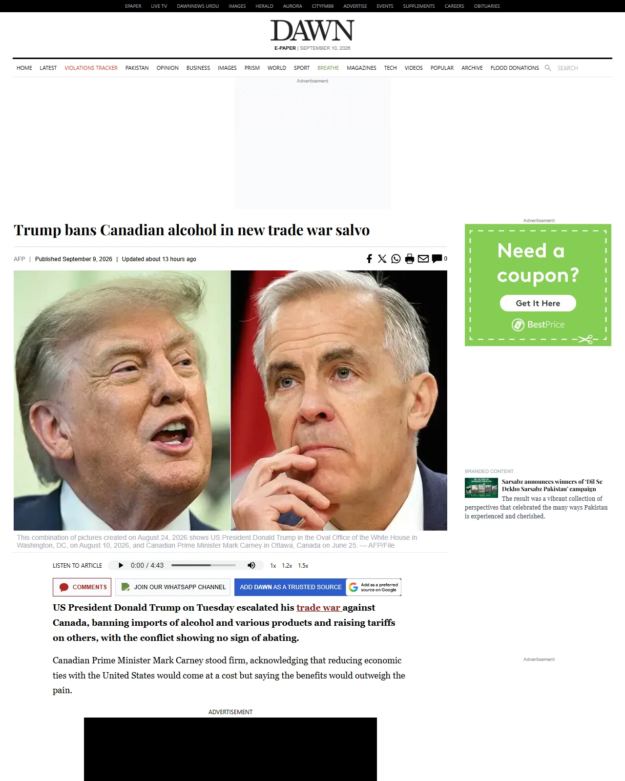 dawn.com as published: Trump bans Canadian alcohol in new trade war salvo