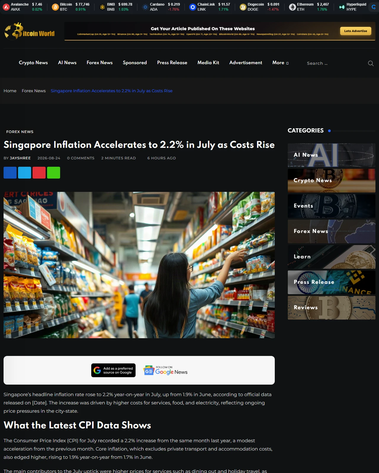 bitcoinworld.co.in as published: Singapore Inflation Accelerates To 2.2% In July As Costs Rise