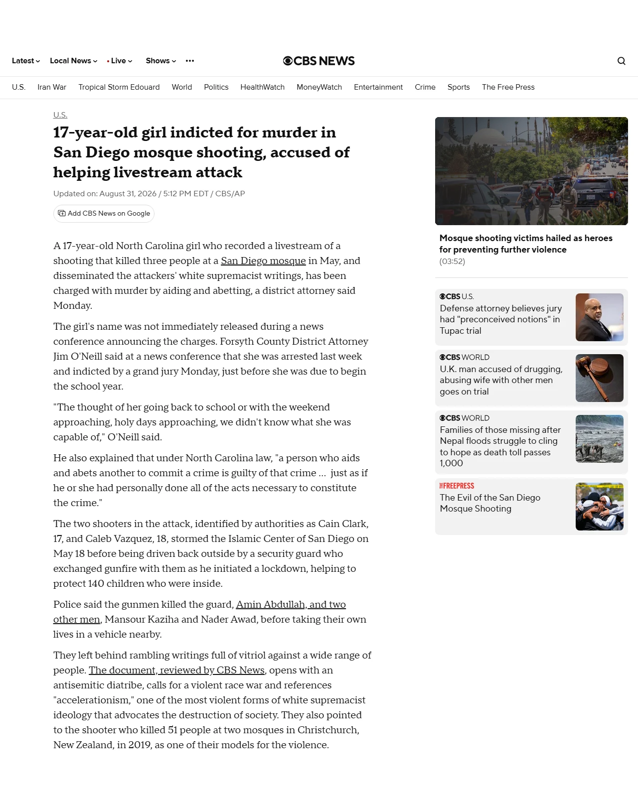 cbsnews.com as published: 17-year-old girl indicted for murder in San Diego mosque shooting, accused of helping livestream attack