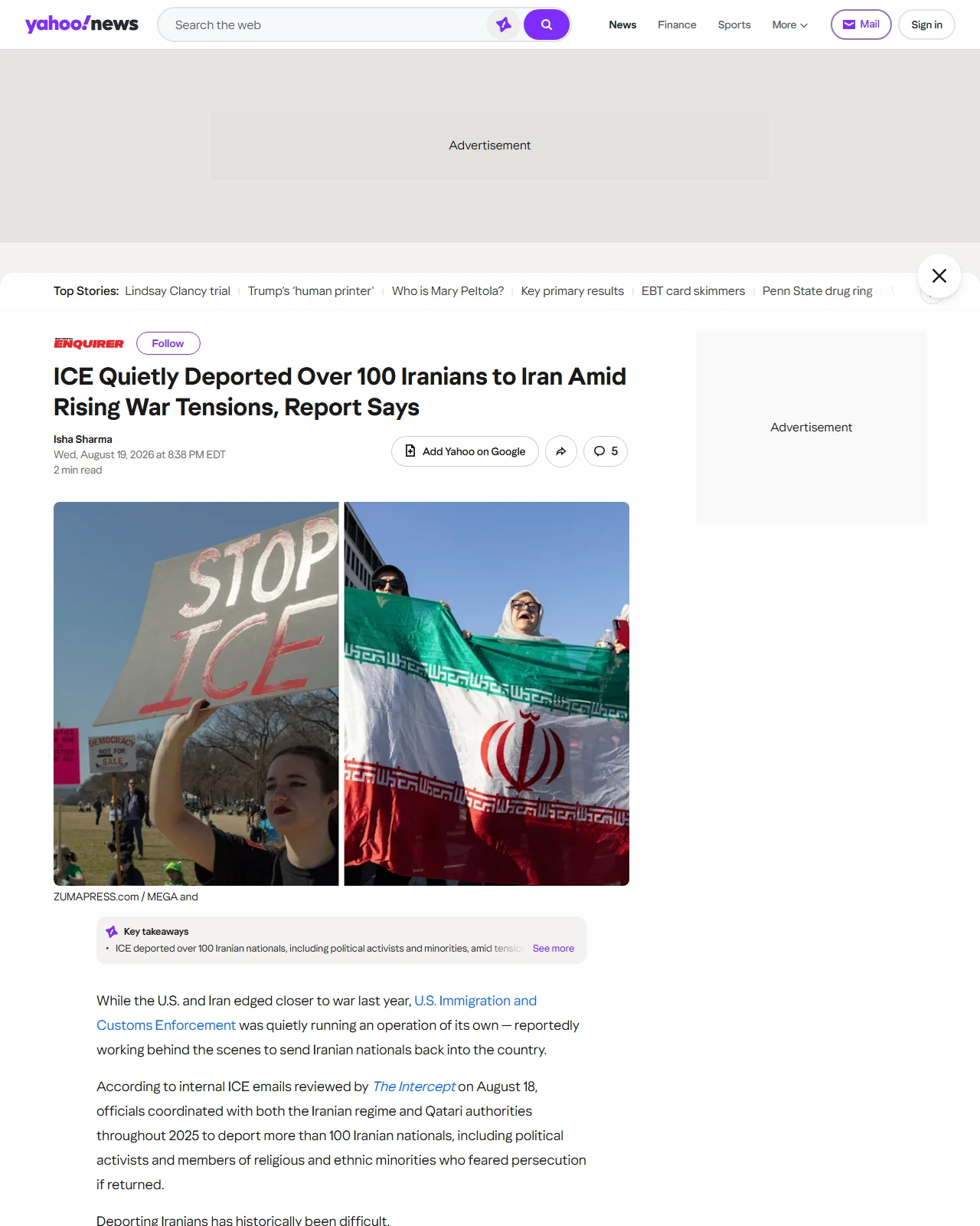yahoo.com as published: ICE Quietly Deported Over 100 Iranians to Iran Amid Rising War Tensions, Report Says