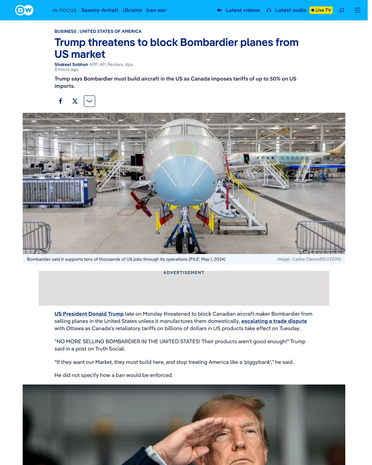 dw.com as published: Trump threatens to block Canada's Bombardier planes from US market