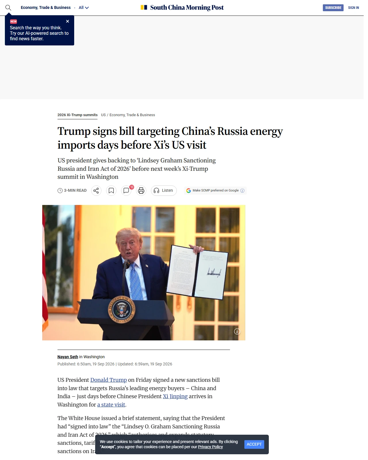 scmp.com as published: Trump signs bill targeting China’s Russia energy imports days before Xi’s US visit