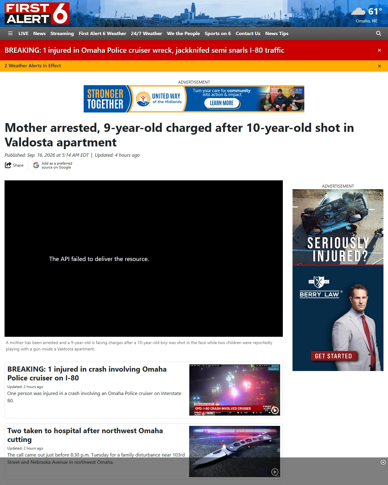 wowt.com as published: Mother arrested, 9-year-old charged after 10-year-old shot in Valdosta apartment
