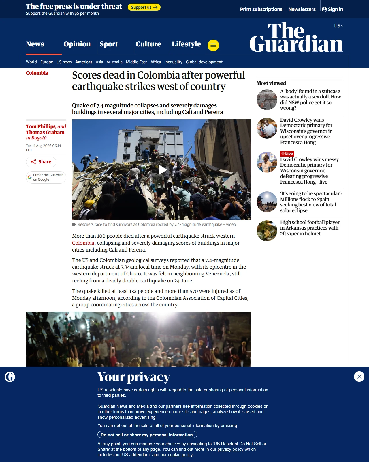 theguardian.com as published: Scores dead in Colombia after powerful earthquake strikes west of country