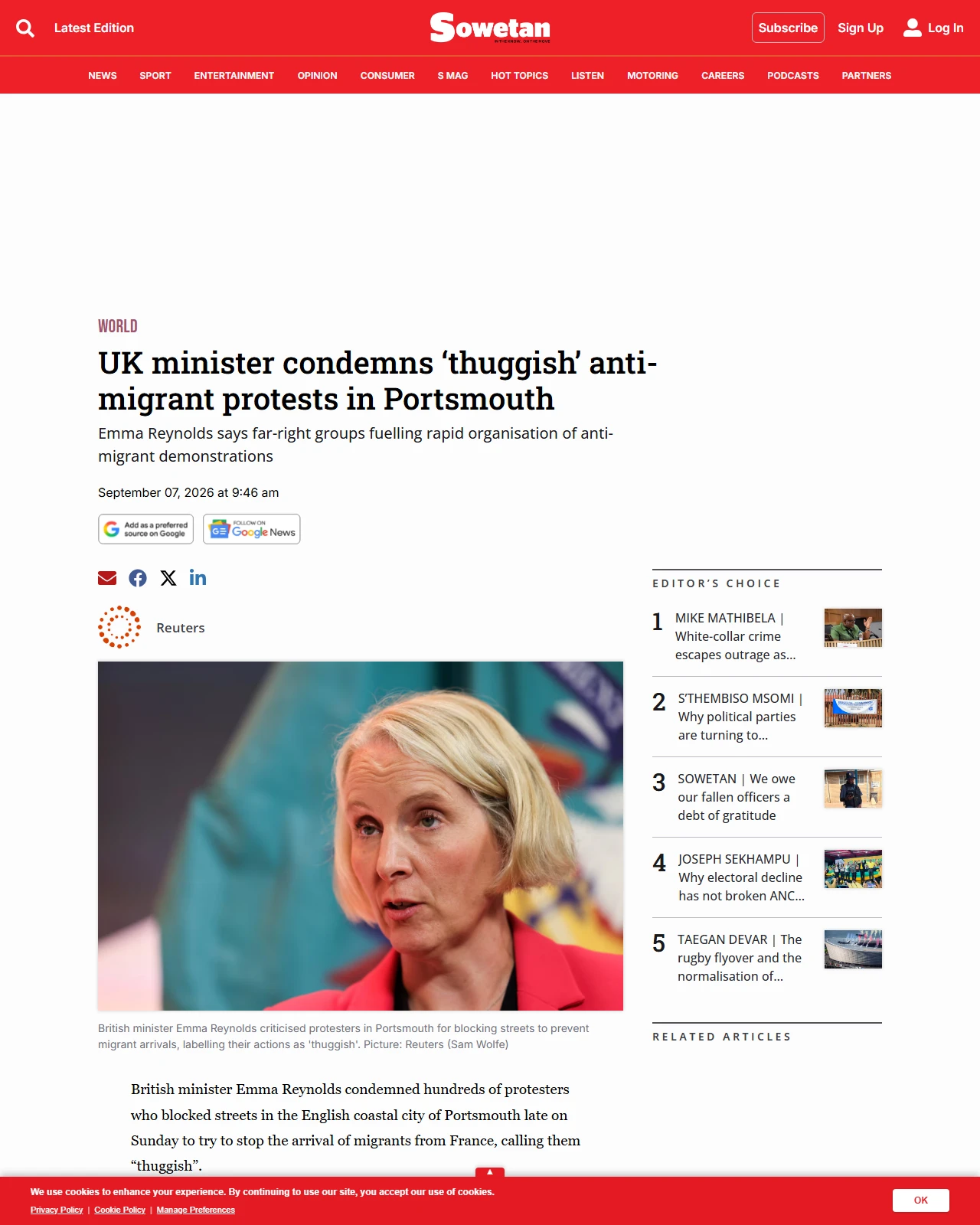 sowetan.co.za as published: UK minister condemns ‘thuggish’ anti-migrant protests in Portsmouth