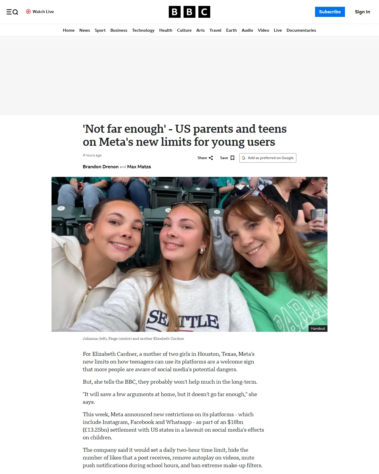 bbc.co.uk as published: 'Not far enough' - US parents and teens on Meta's new limits for young users