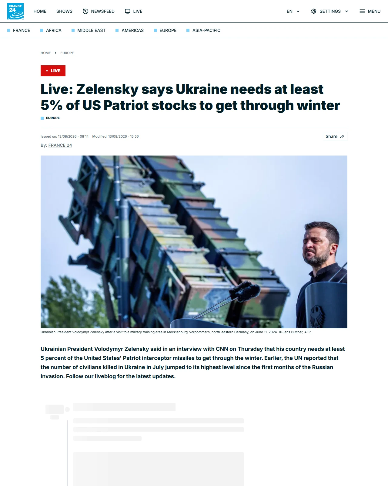 france24.com as published: 🔴 Live: Ukraine's civilian deaths in July hit highest level since May 2022, UN says