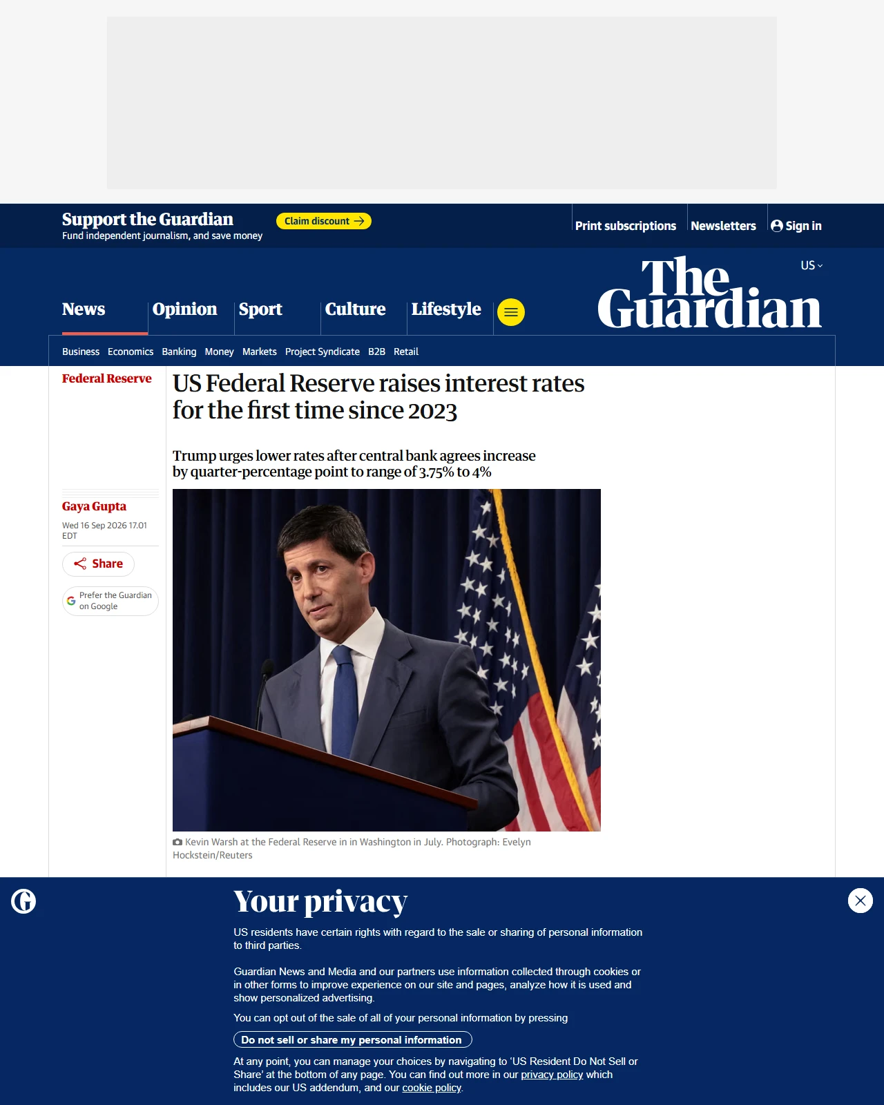 theguardian.com as published: US Federal Reserve raises interest rates for the first time since 2023