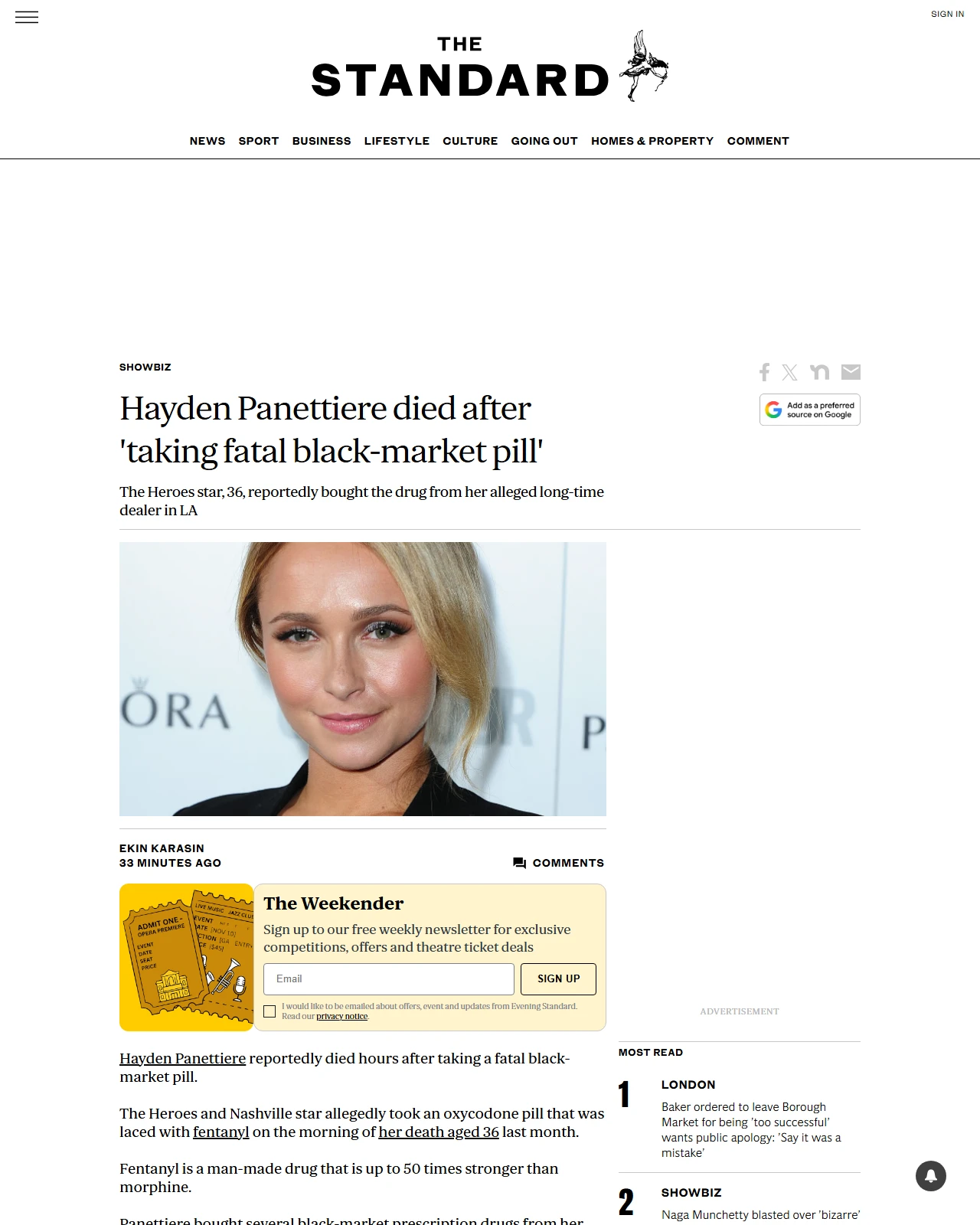 standard.co.uk as published: Hayden Panettiere died after 'taking fatal black-market pill'