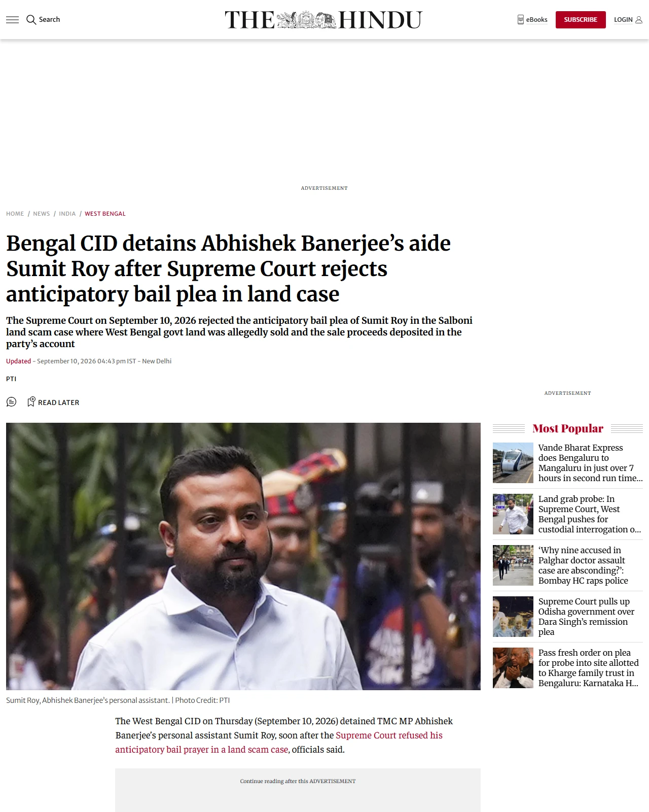 thehindu.com as published: Bengal CID detains Abhishek Banerjee’s aide Sumit Roy after Supreme Court rejects anticipatory bail plea in land case