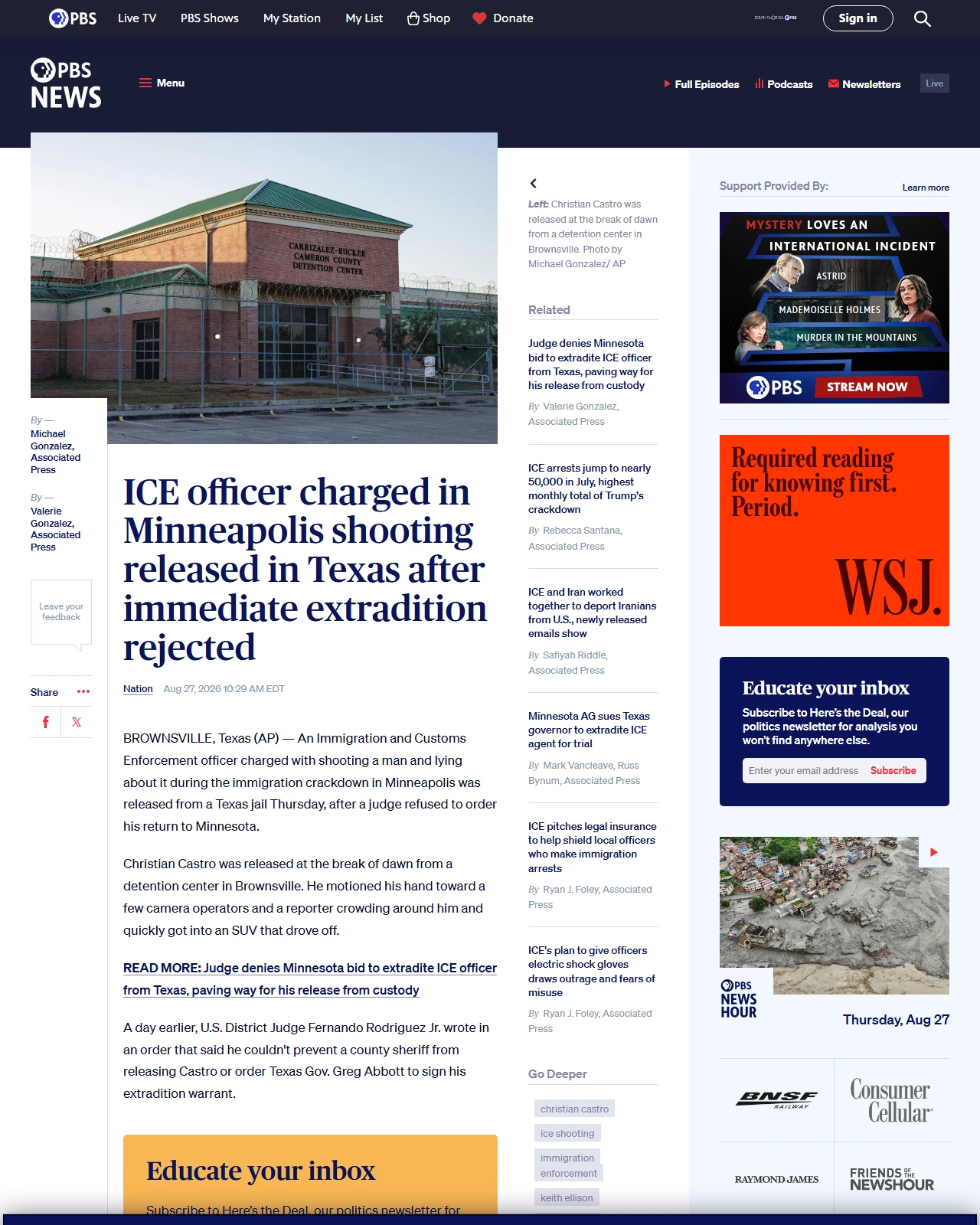 pbs.org as published: ICE officer charged in Minneapolis shooting released in Texas after immediate extradition rejected