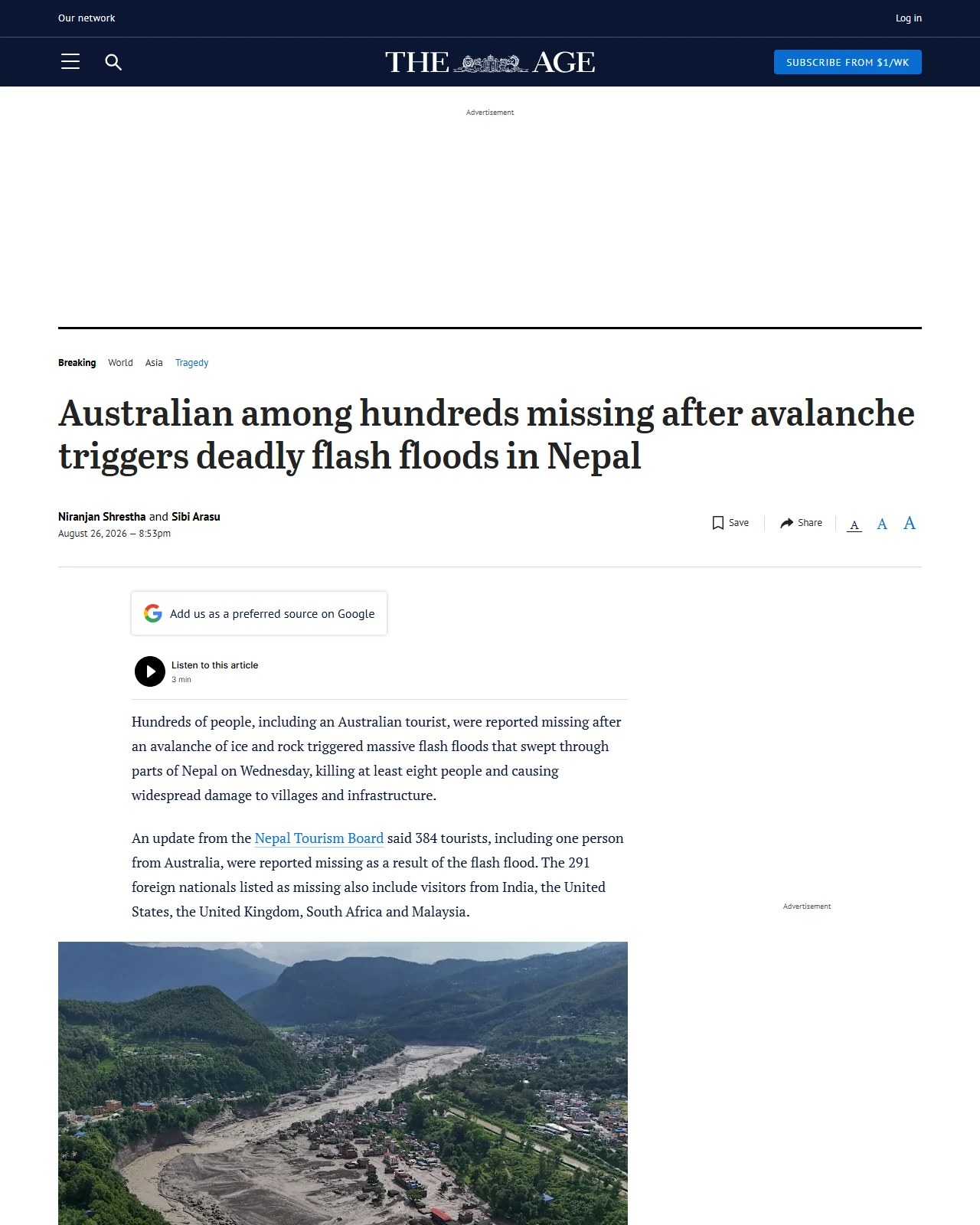 theage.com.au as published: Thirty-four Australians among hundreds missing in deadly flash floods in Nepal