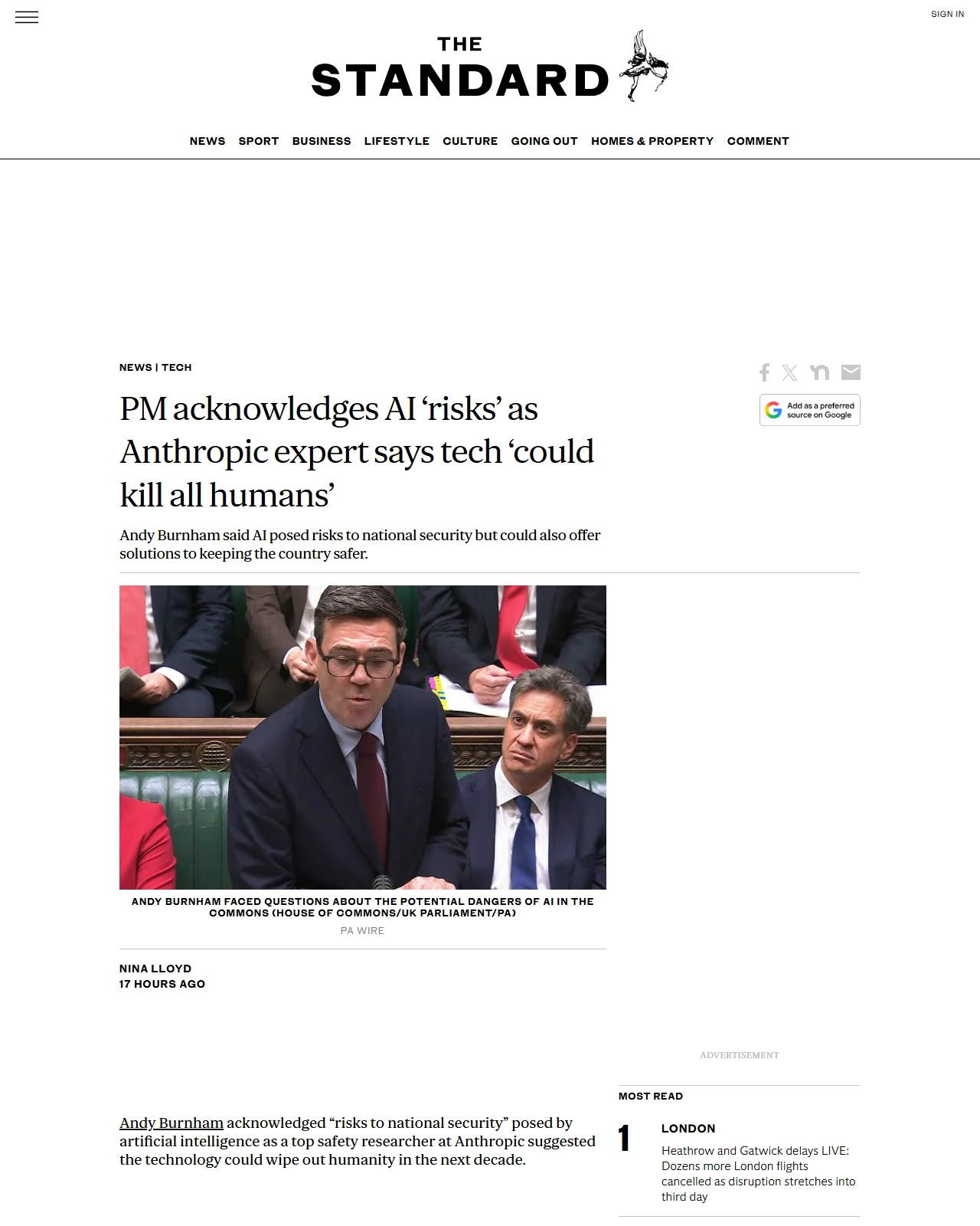 standard.co.uk as published: PM acknowledges AI ‘risks’ as Anthropic expert says tech ‘could kill all humans’