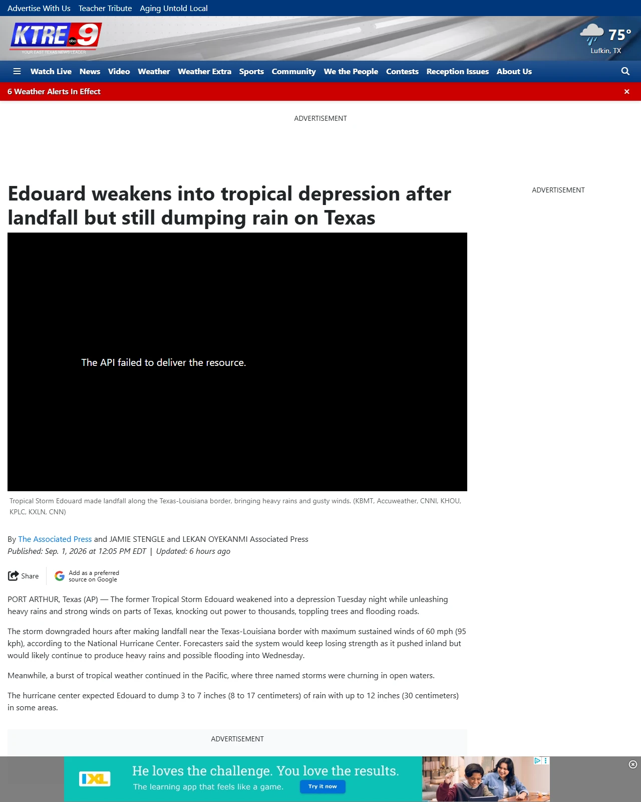 ktre.com as published: Tropical Storm Edouard unleashes heavy rain, strong winds in Texas, knocking out power to thousands