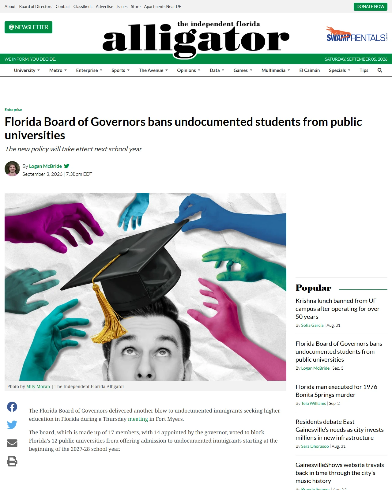 alligator.org as published: Florida Board of Governors bans undocumented students from public universities