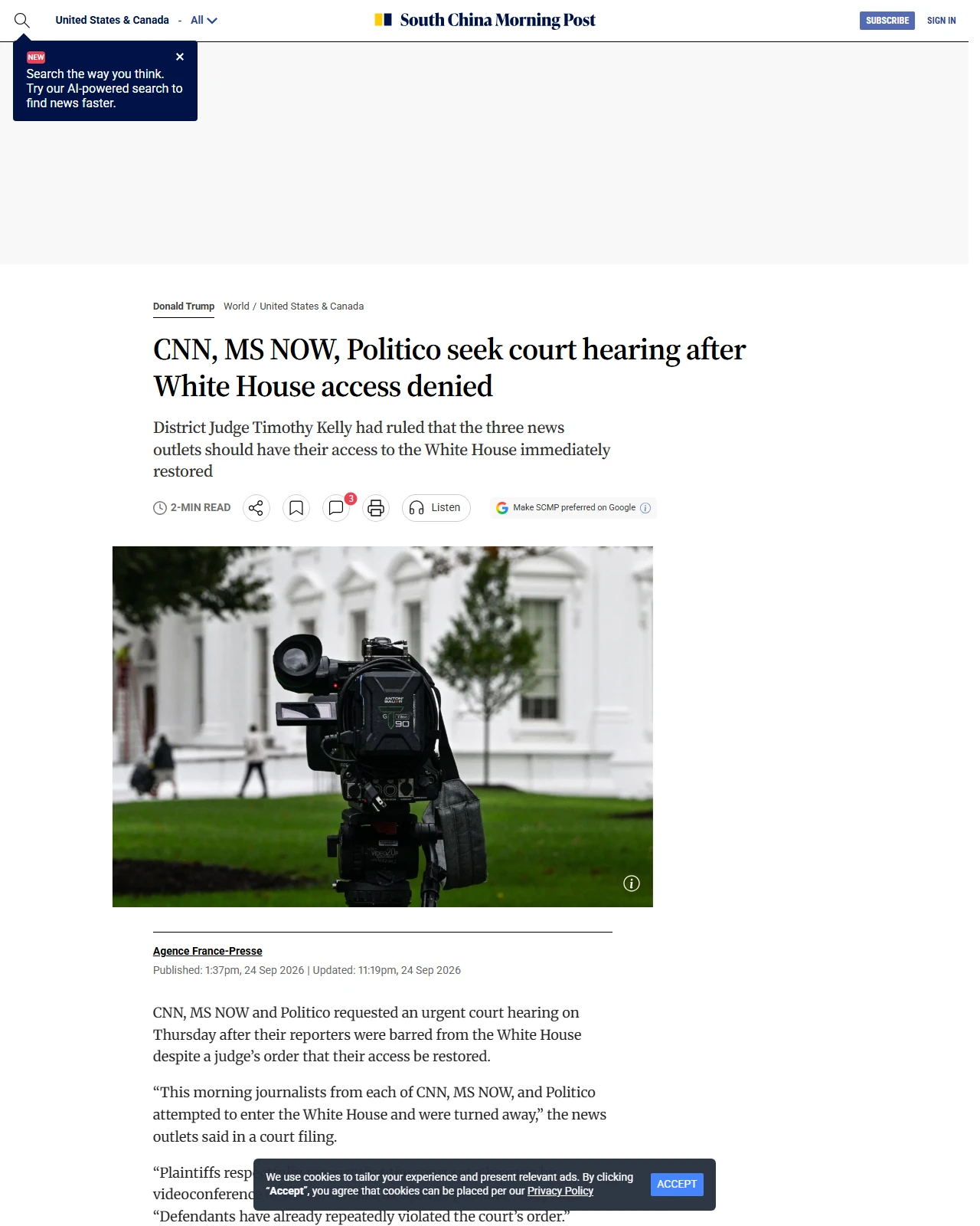 scmp.com as published: US judge orders Trump to lift White House ban on news outlets