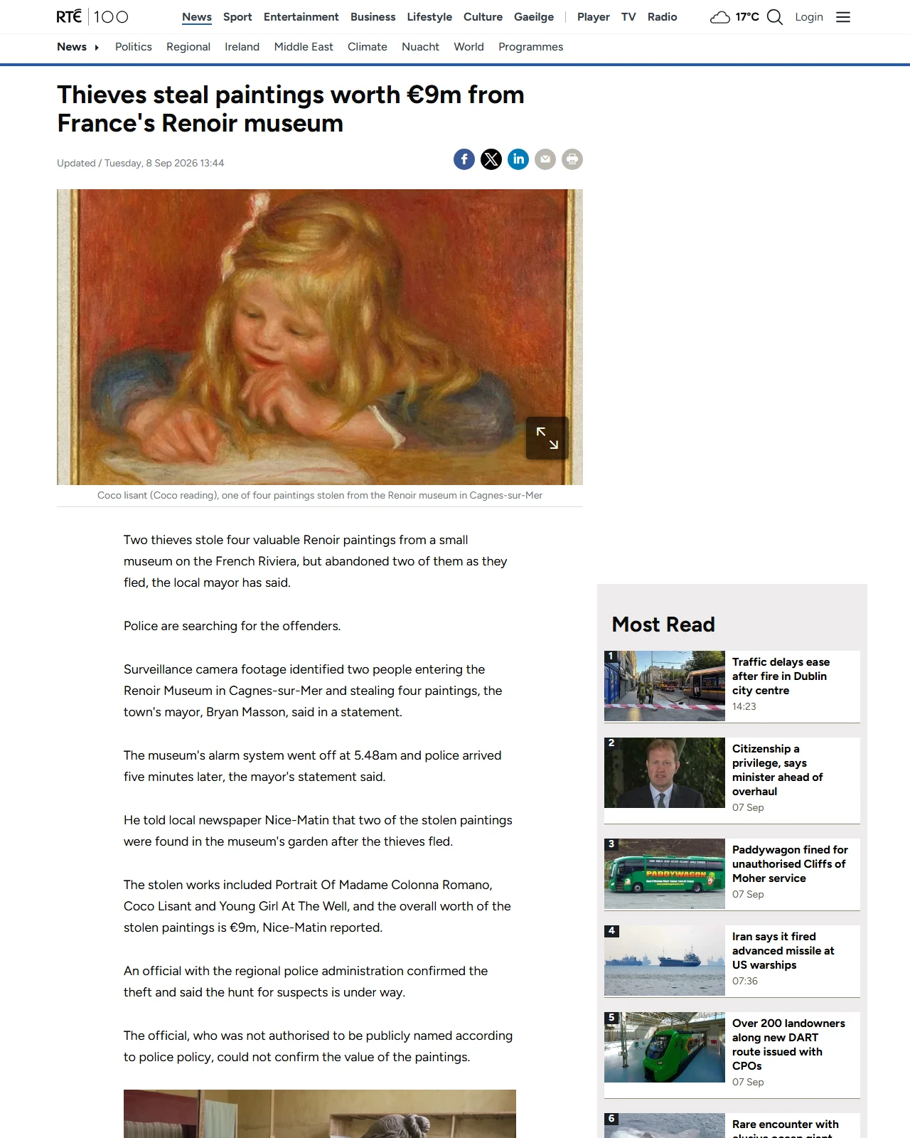 rte.ie as published: Thieves steal paintings worth €9m from Renoir museum