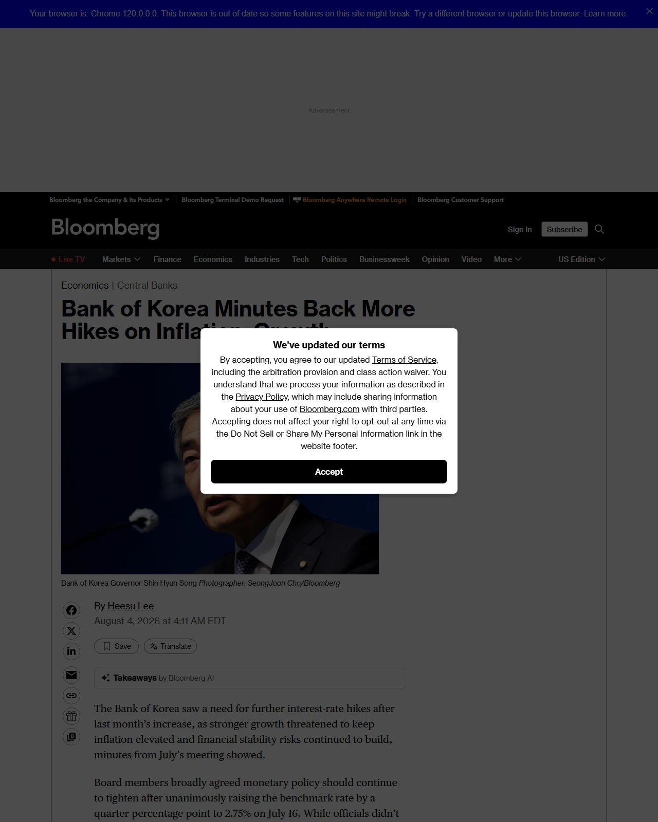 bloomberg.com as published: Bank of Korea Minutes Back More Hikes on Inflation, Growth