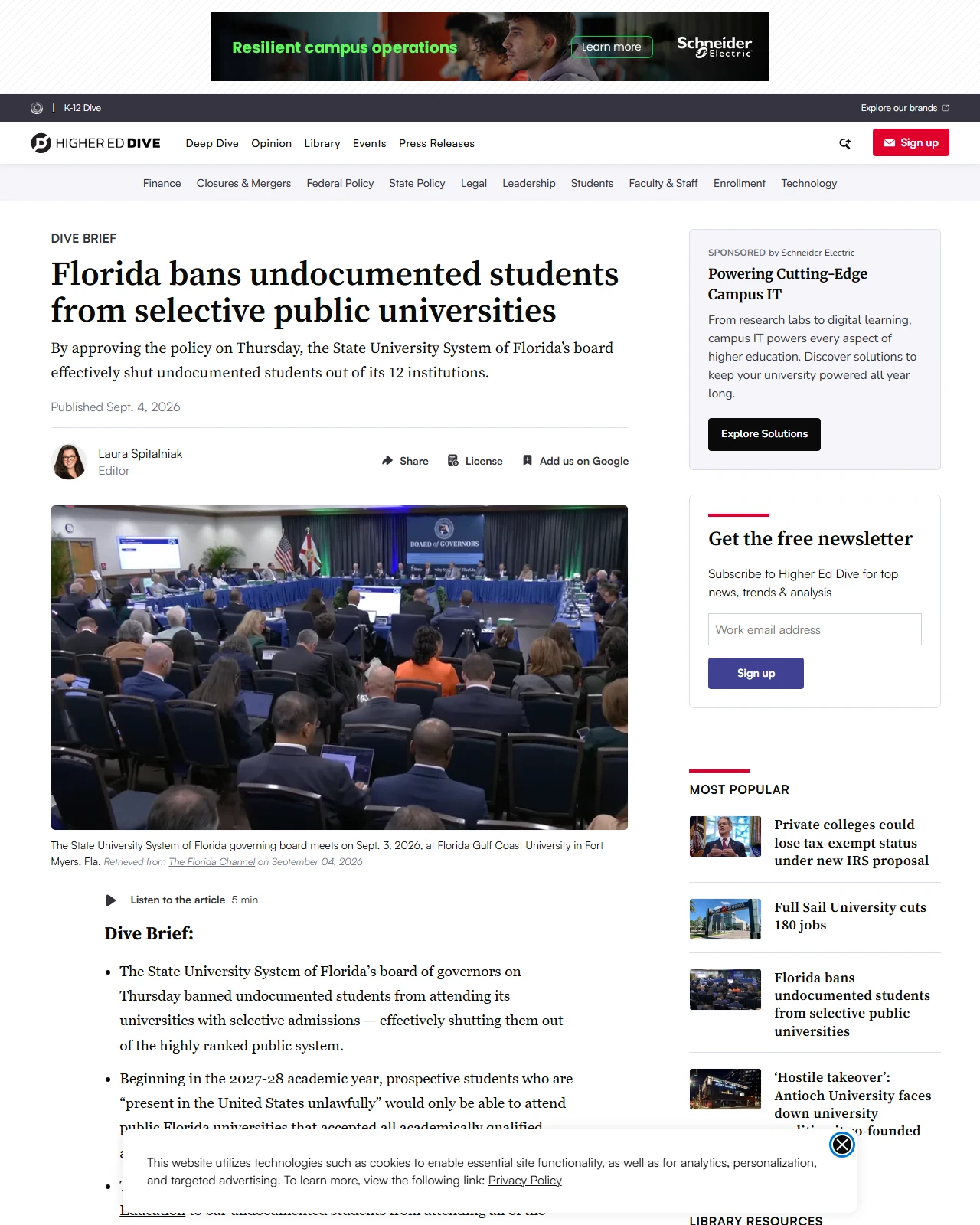 highereddive.com as published: Florida bans undocumented students from selective public universities