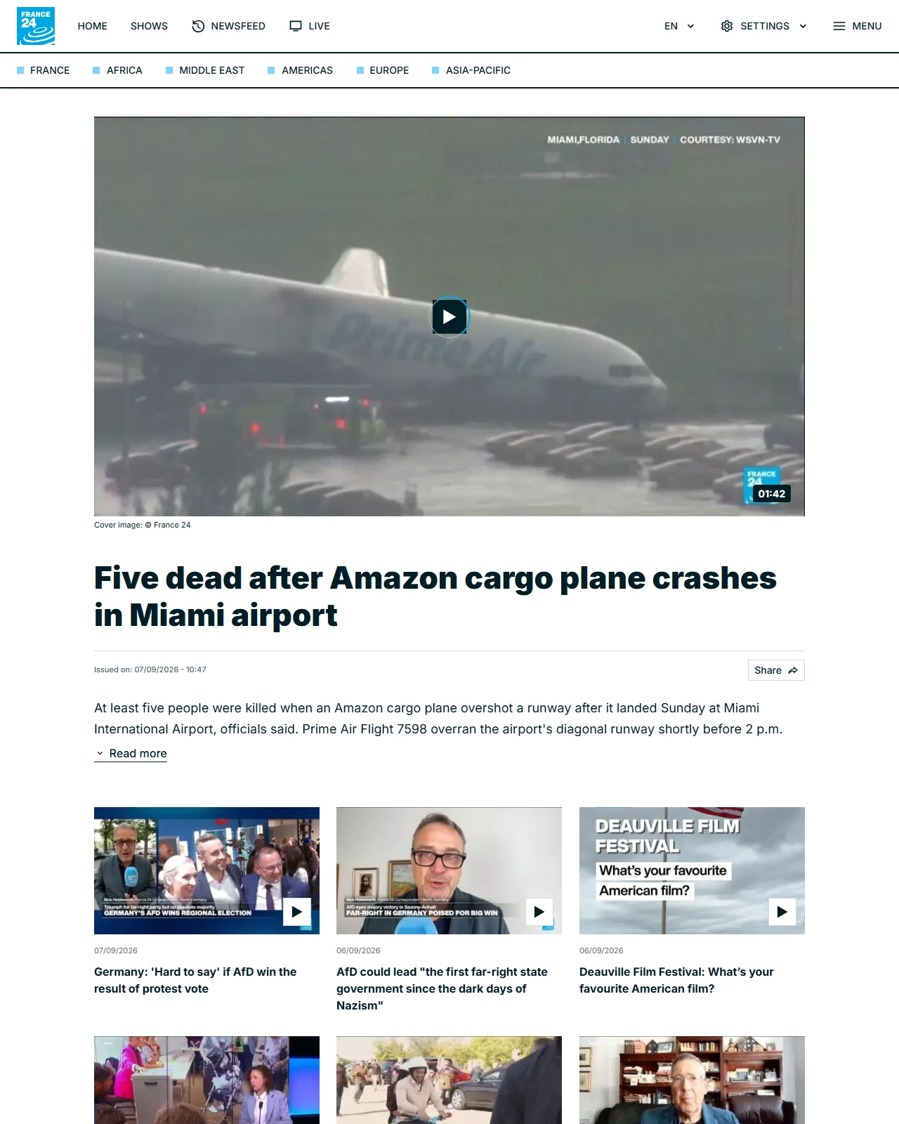 france24.com as published: Five dead after Amazon cargo plane crashes in Miami airport