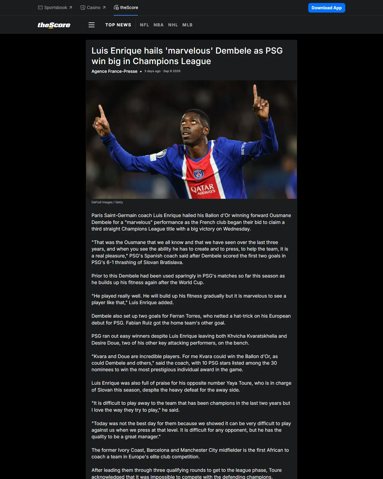 thescore.com as published: Luis Enrique hails 'marvelous' Dembele as PSG win big in Champions League