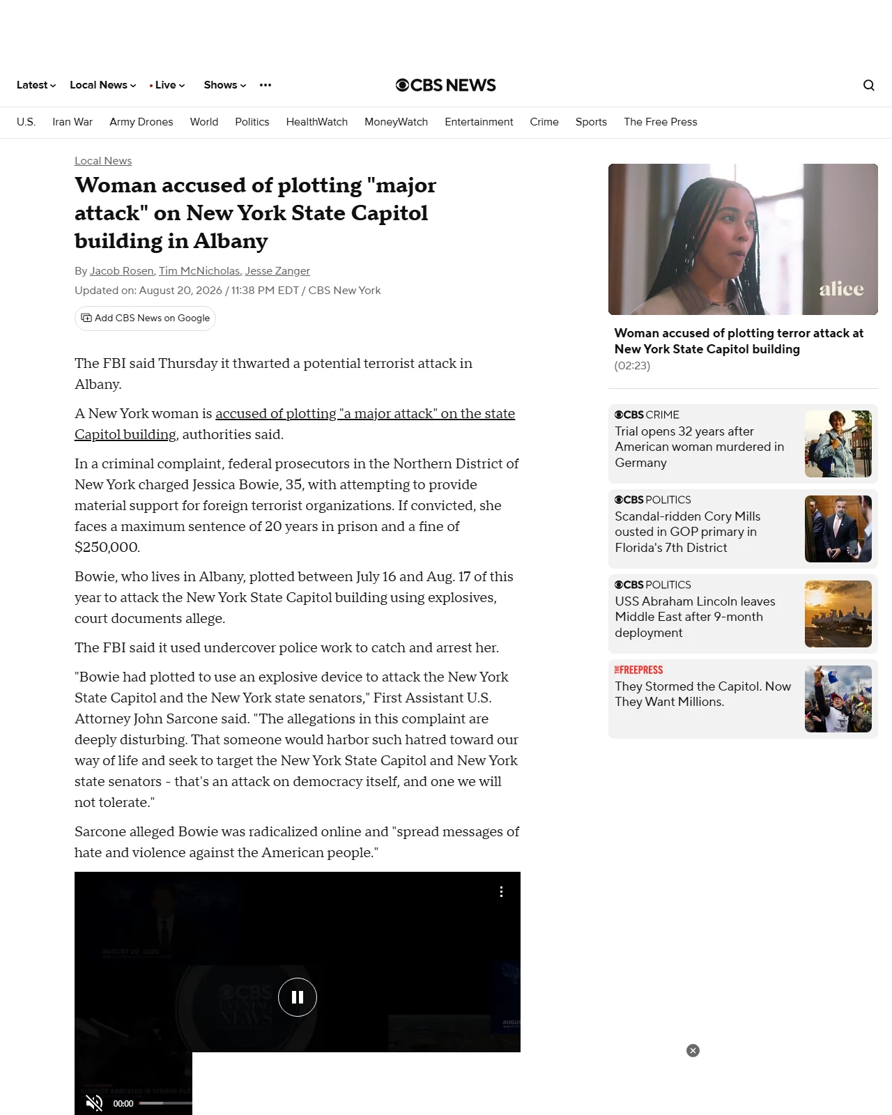 cbsnews.com as published: Woman accused of plotting "major attack" on New York State Capitol building