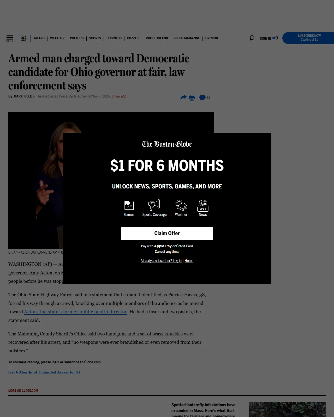 bostonglobe.com as published: Armed man charged toward Democratic candidate for Ohio governor at fair, law enforcement says