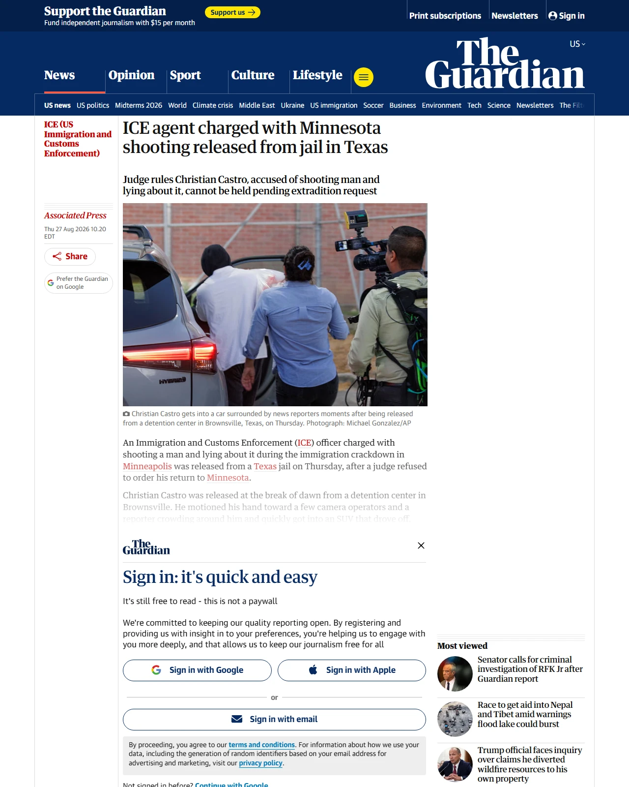 theguardian.com as published: ICE agent charged with Minnesota shooting released from jail in Texas