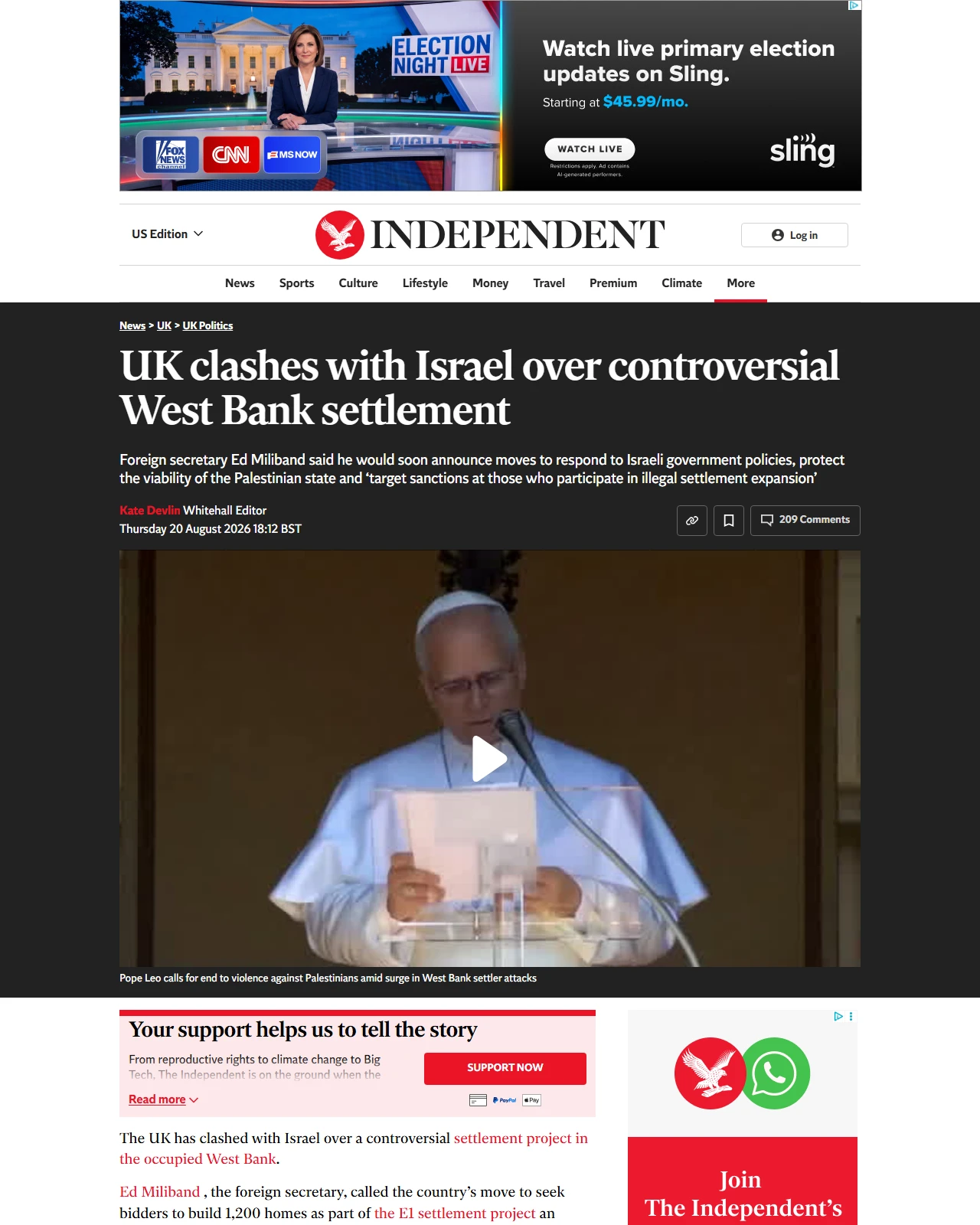 independent.co.uk as published: UK clashes with Israel over controversial West Bank settlement