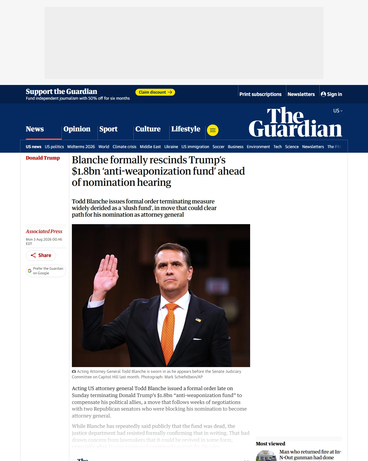 theguardian.com as published: Blanche formally rescinds Trump’s $1.8bn ‘anti-weaponization fund’ ahead of nomination hearing