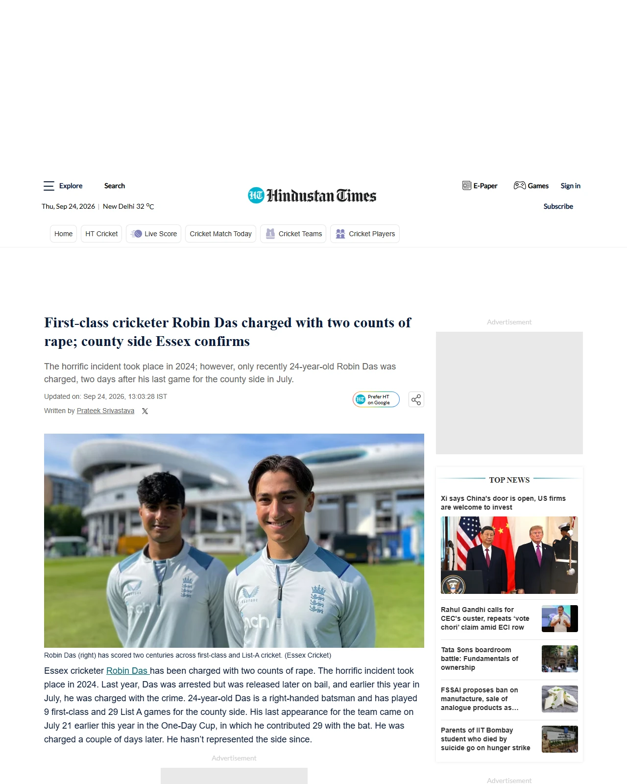 hindustantimes.com as published: First-class cricketer Robin Das charged with two counts of rape; county side Essex confirms | Cricket